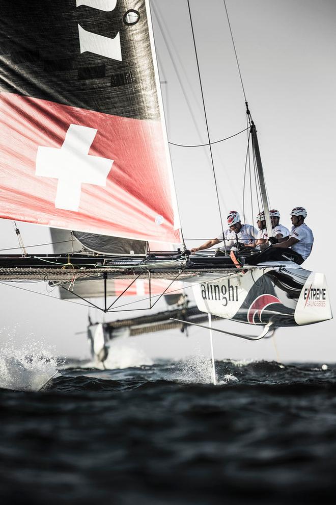Act 1, Extreme Sailing Series Muscat – Last season’s victor Alinghi currently sits in second on the 2017 leaderboard following a consistent performance in Muscat but one that saw them bag only five wins to SAP Extreme Sailing Team's nine © Lloyd Images http://lloydimagesgallery.photoshelter.com/